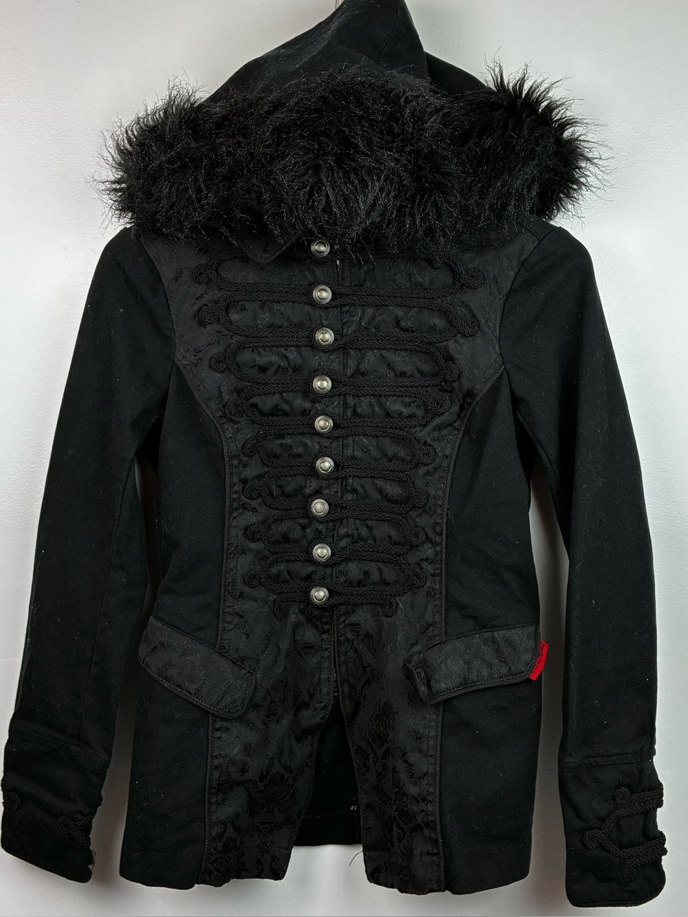 Tripp NYC Vintage 2012 Black Gothic Hooded Brocade Military Jacket